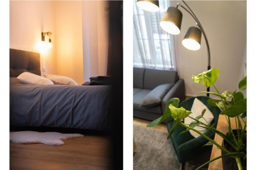 two pictures of a bedroom with a bed and a lamp at La Ferme de Bacchus in Hautvillers