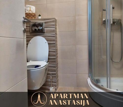 a bathroom with a toilet and a glass shower at Apartman Anastasija Vrnjačka Banja in Vrnjačka Banja