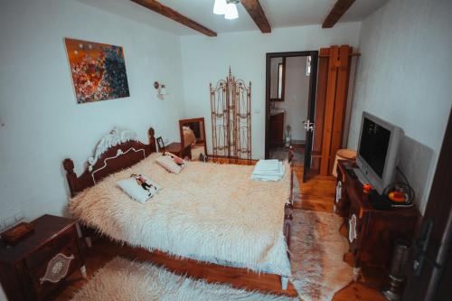 a bedroom with a bed and a flat screen tv at La Romaneasa in Săpînţa