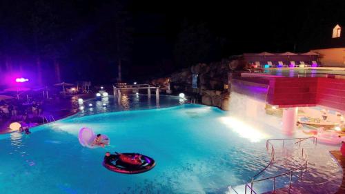 a pool at night with a person in a raft in the water at Lotte Arai Resort in Myoko