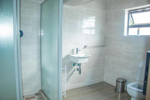 a bathroom with a shower and a sink and a toilet at Neat one bedroom in Morningside guesthouse - 2089 in Bulawayo