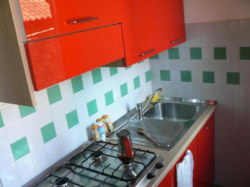 a kitchen with a sink and a stove and red cabinets at Agriturismo I Sette Raggi in Ailoche