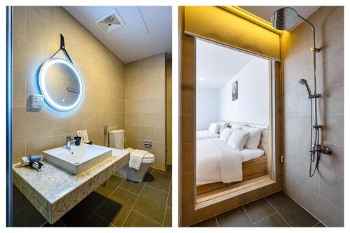 two pictures of a bathroom with a bed and a sink at CSJ Seaside - Căn Hộ Cạnh Biển in Vung Tau