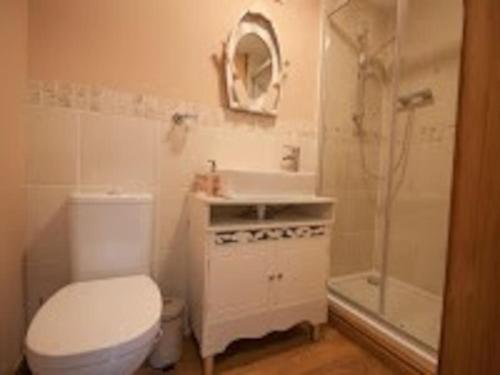 a bathroom with a toilet and a sink and a shower at Little Rigg Cottage in Pickering