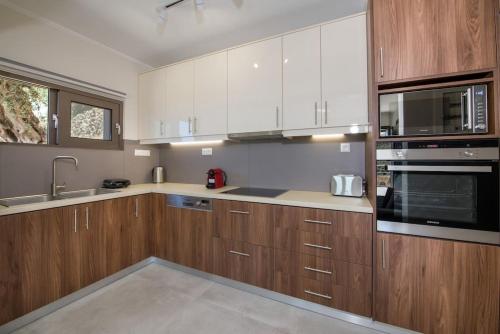 eine Küche mit Holzschränken, einer Spüle und einer Mikrowelle in der Unterkunft Vigla Apartments No.3 in AmigdhalokeFálion
