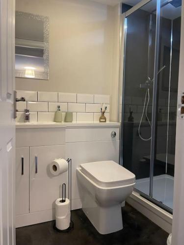 a white bathroom with a toilet and a shower at Cedar House by ShortStays4U A modern 2 bedroom house with free parking in town centre! in King's Lynn