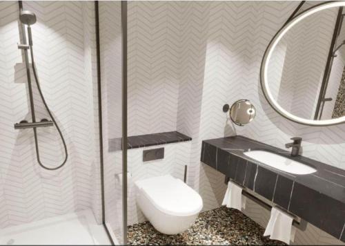 W łazience znajduje się toaleta, umywalka i lustro. w obiekcie Shannon Springs Hotel w mieście Shannon
