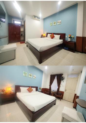 two different views of a bedroom with two beds at Quan Quan Hotel in Da Nang