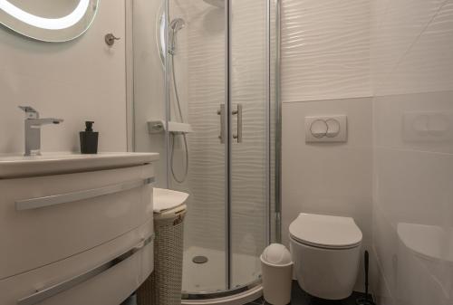 a bathroom with a shower and a toilet and a sink at Apartment Fiorella in Pula