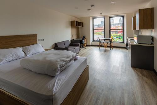 1 dormitorio con 1 cama y sala de estar en Destiny Student - Broga House Cork en Cork