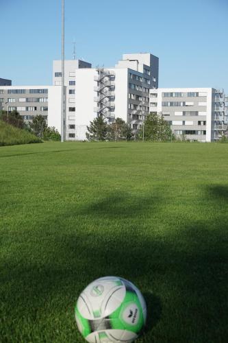 a soccer ball sitting on the grass in a field at Stadthotel Hollabrunn in Hollabrunn