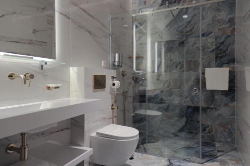 a bathroom with a shower and a toilet and a sink at President Hotel&Restaurant&SPA in Trostyanets