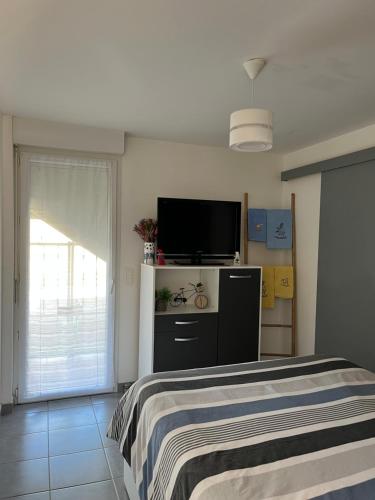 une chambre avec un lit et une télévision à écran plat dans l'établissement Appt calme ensoleillé fonctionnel, à Saintes-Maries-de-la-Mer