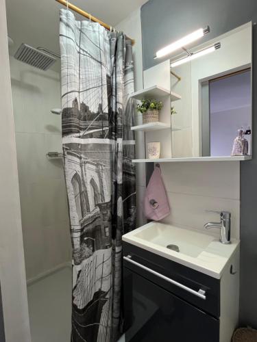 une salle de bain avec un rideau de douche et un lavabo dans l'établissement Appt calme ensoleillé fonctionnel, à Saintes-Maries-de-la-Mer