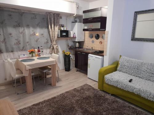a small living room with a table and a couch at Apartment River in Bacău