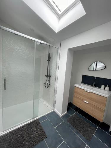 une salle de bain avec une douche en verre et un lavabo dans l'établissement La Sardinette, à Pessac