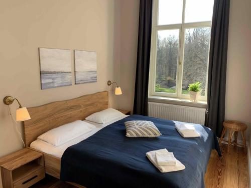 OberhofにあるZur Pferdekoppelのベッドルーム1室(青いシーツと窓付)