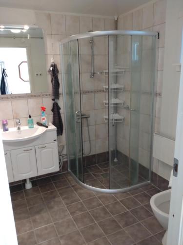 a bathroom with a glass shower and a sink at Sittesta 56 in Ösmo