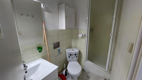 une salle de bain avec des toilettes sur lesquelles est dessiné un visage dans l'établissement Cap Confort, au Cap d'Agde