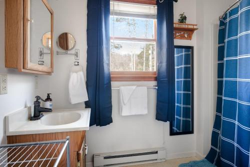 La salle de bains est pourvue d'un lavabo et d'un rideau de douche bleu. dans l'établissement Huge Chalet Cabin w Hot Tub, Wraparound Deck, WiFi, à Great Cacapon