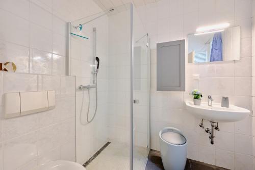 e bagno con doccia, servizi igienici e lavandino. di Ferienwohnung Strand Bucht Moba-Travel a Lubecca