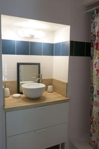 une salle de bain avec un lavabo blanc et un miroir dans l'établissement Les Crins de Gaïa, à Plogastel-Saint-Germain