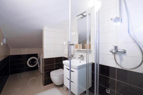 La salle de bains est pourvue de toilettes et d'une douche en verre. dans l'établissement Apartment Leo - sea view & comfortable, à Ploče