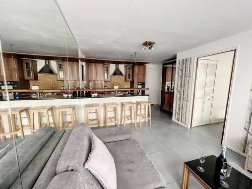 un salon avec un canapé et une cuisine dans l'établissement Superbe 2 pièces au calme absolu, à Cannes