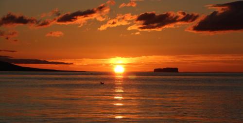 a sunset over the water with a person in the ocean at Glaumbær III in Varmahlid
