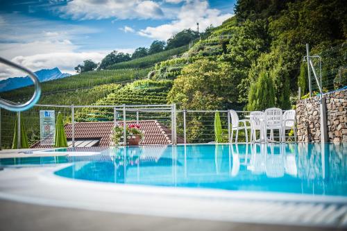 een zwembad met uitzicht op een berg bij Panorama Hotel Himmelreich in Castelbello