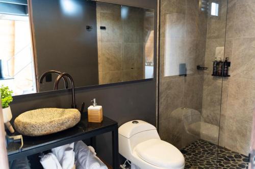 La salle de bains est pourvue d'une douche, de toilettes et d'un lavabo. dans l'établissement GRETEL CHALETS SUIZO, à Guatapé
