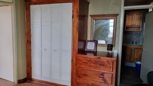 a closet with a dresser and a mirror at Arliebev apartments 1 in Tarou