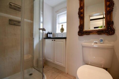ein Bad mit einer Dusche, einem WC und einem Spiegel in der Unterkunft The Little Cottage By Air Premier in Seaford