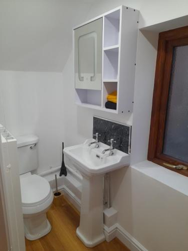 a bathroom with a toilet and a sink and a mirror at Willow's Cottage in Edwinstowe