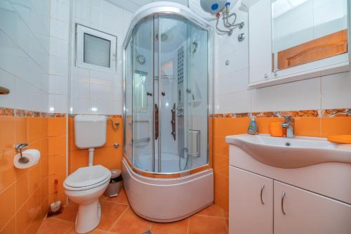 a bathroom with a shower and a toilet and a sink at Apartmani Milacic in Sutomore