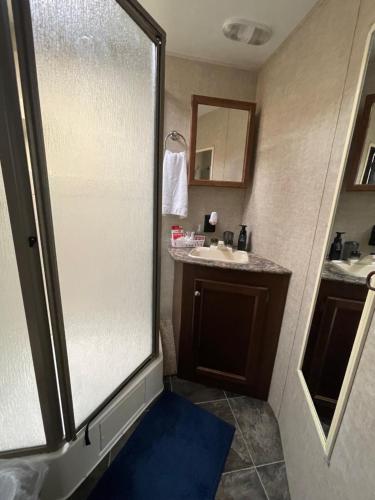 a bathroom with a shower and a sink at Hideout by Glampers Camp in Port Charlotte