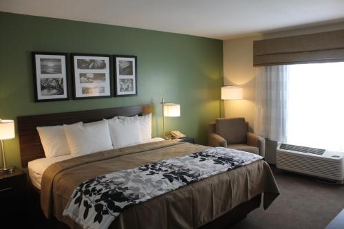 a hotel room with a bed and a chair at Sleep Inn & Suites Garden City in Garden City