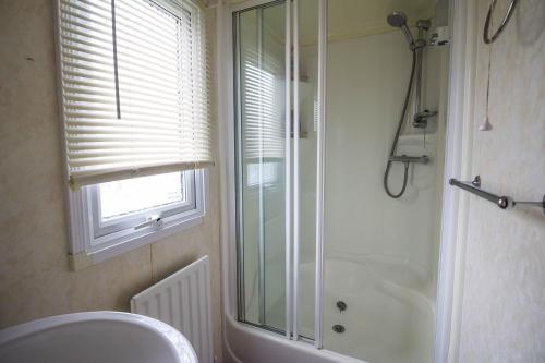 a bathroom with a shower and a toilet and a sink at 8 Berth Caravan With Wifi And Decking In Lincs Ref 78003p in Winthorpe