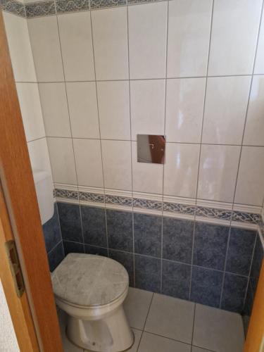 a bathroom with a toilet and blue tiles at DRKARLRENNER in Guntramsdorf