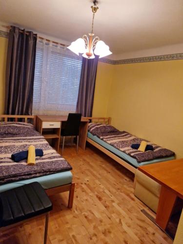 Zimmer mit 2 Betten, einem Schreibtisch und einem Tisch in der Unterkunft DRKARLRENNER in Guntramsdorf