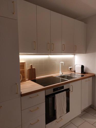 eine Küche mit weißen Schränken und einem Waschbecken in der Unterkunft Hyggelige und zentrale Eigentumswohnung in Rostock