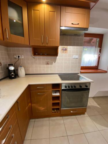 a kitchen with wooden cabinets and a stove top oven at Sziszi Vendégház in Kovácsszénája