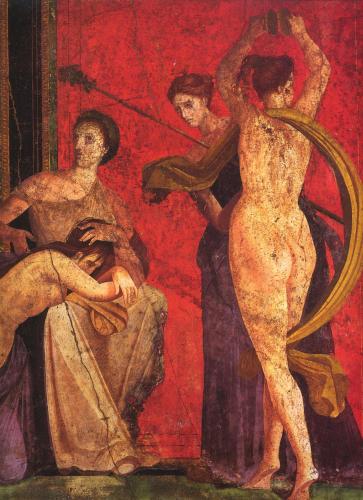 a painting of three women in front of a red wall at Domus Narciso Gallery in Pompei