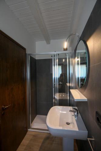 a bathroom with a sink and a shower and a mirror at Appartamento immerso nella natura con parcheggio - Viola in Sòis