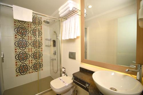 uma casa de banho com um lavatório, um WC e um chuveiro em Swim-Up Garden Flat with near Hadrian's Gate em Antalya