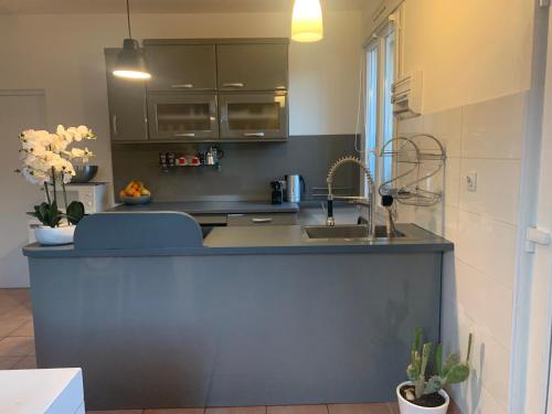 une cuisine avec un évier et un comptoir dans l'établissement L'Xpérience au bord de mer, à Port-Vendres