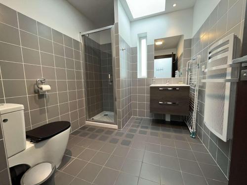 une salle de bain avec toilettes et lavabo dans l'établissement Charmant T2 climatisé dans monument historique à Rochefort, proche centre-ville - FR-1-246B-14, à Rochefort