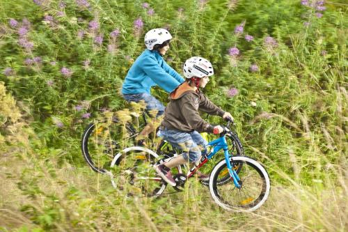 two children riding bikes in a field of tall grass at Les Roulottes de la Risle in Calleville