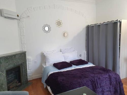 une chambre avec un lit et une cheminée dans l'établissement Studio Zen/Le Bourget/CDG/ Parc d'Exposition, à Aulnay-sous-Bois