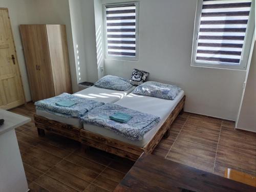 a bedroom with a bed and two windows at U Dragouna in Köllein